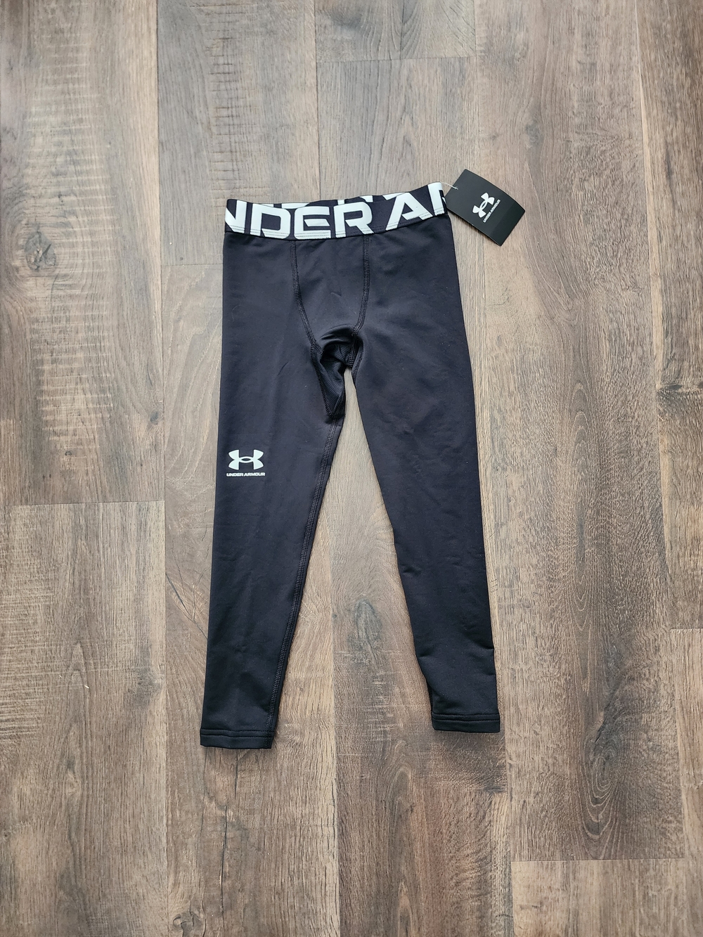 Under Armour Kids Black Compression Leggings with White Logo Waistband